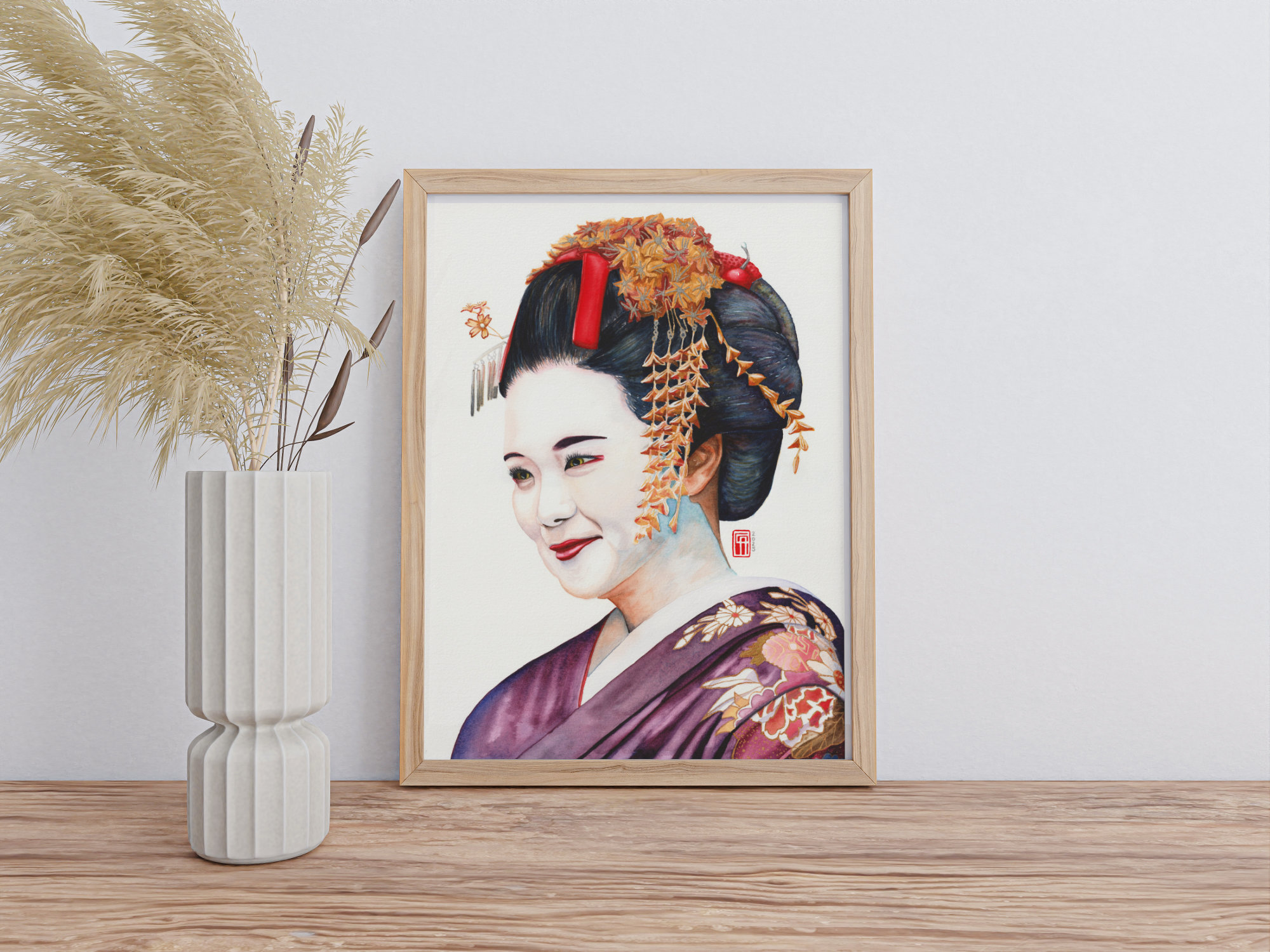 Gerahmtes Aquarell einer Geisha