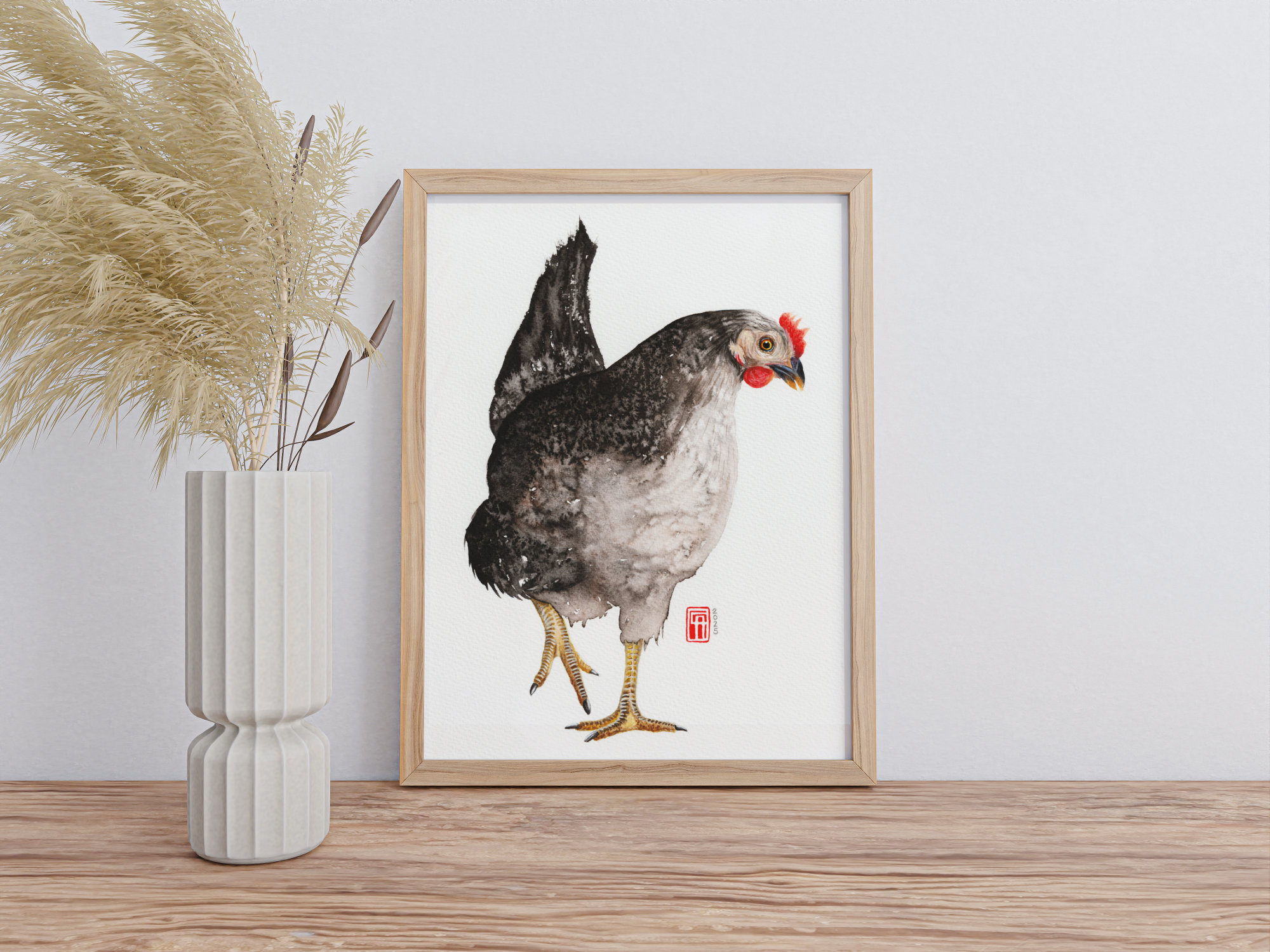 Gerahmtes Aquarell eines schwarzen Huhn