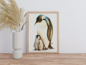 Aquarell einer Kaiserpinguin Mutter mit ihrem Kücken im Bilderrahmen