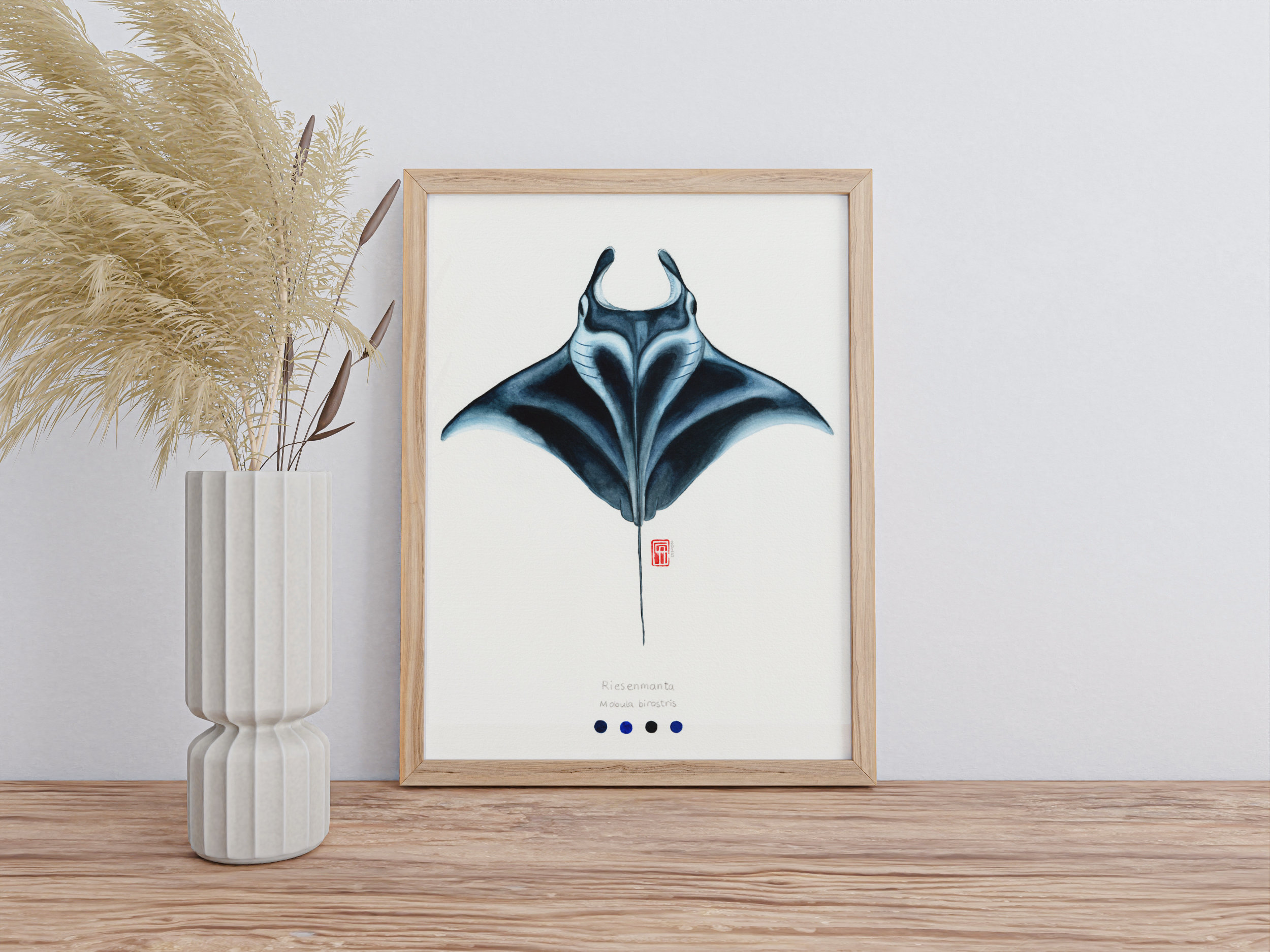 Aquarell eines Riesenmanta im Bilderrahmen